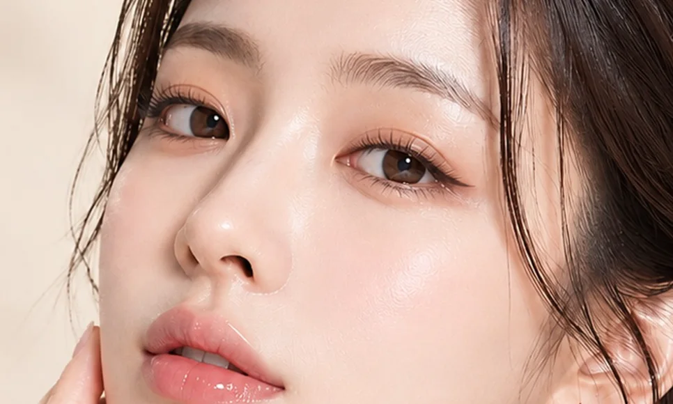 매끄럽고 촉촉한 피부 상태를 보여주는 모델 여성 얼굴